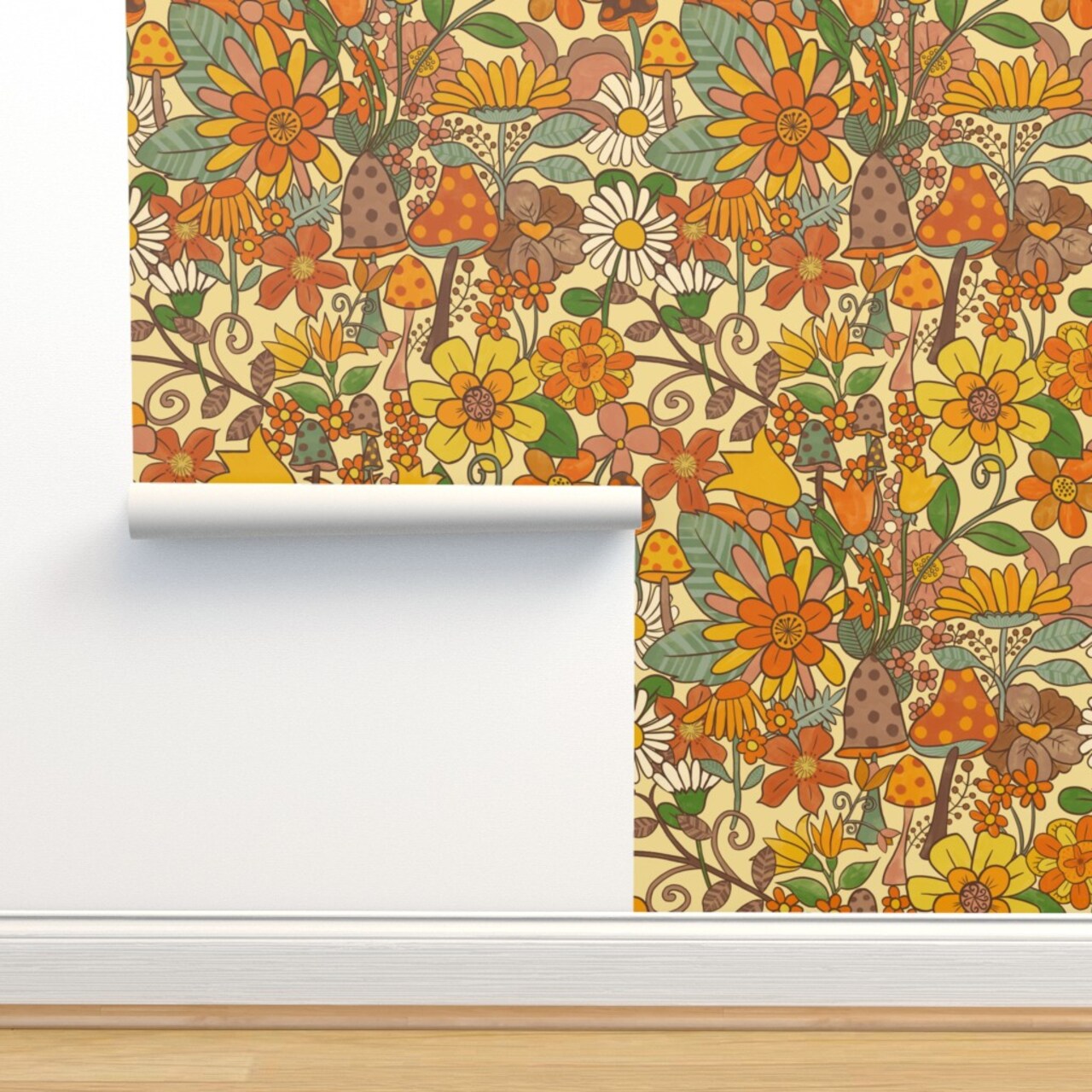 Vintage Hippy Floral Earth Tones mushrooms s Retro 70S 60S Toadstools Vintage Nostalgic Flower Power Custom Pre-pasted Wallpaper by Spoonflower Pre-Pasted Wallpaper 2FT Wide